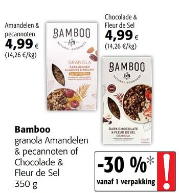 Promoties Bamboo granola amandelen + pecannoten of chocolade + fleur de sel - Bamboo - Geldig van 21/04/2021 tot 04/05/2021 bij Colruyt