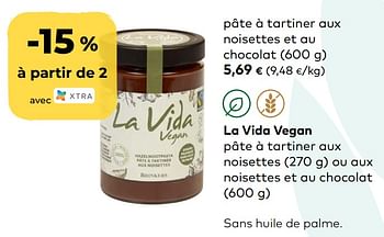 Promoties La vida vegan pâte à tartiner aux noisettes et au chocolat - La Vida Vegan  - Geldig van 21/04/2021 tot 18/05/2021 bij Bioplanet