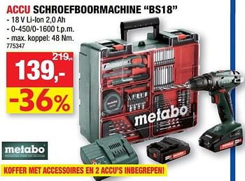Promotions Metabo accu schroefboormachine bs18 - Metabo - Valide de 28/04/2021 à 09/05/2021 chez Hubo