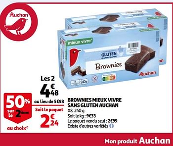 Promotions Brownies mieux vivre sans gluten auchan - Produit Maison - Auchan Ronq - Valide de 28/04/2021 à 11/05/2021 chez Auchan Ronq