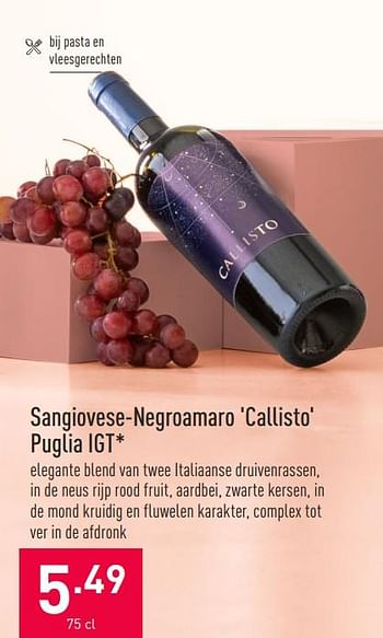 Promotions Sangiovese-negroamaro callisto puglia igt - Vins rouges - Valide de 05/05/2021 à 14/05/2021 chez Aldi