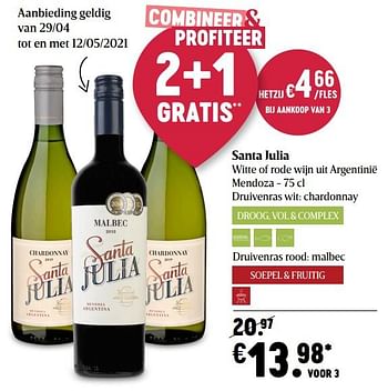 Promotions Santa julia witte of rode wijn uit argentinië mendoza - Vins blancs - Valide de 29/04/2021 à 05/05/2021 chez Delhaize