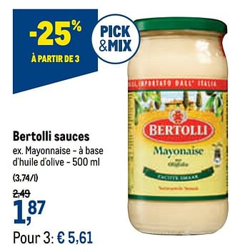 Promotions Bertolli sauces mayonnaise - à base d`huile d`olive - Bertolli - Valide de 05/05/2021 à 18/05/2021 chez Makro