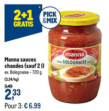 Promotions Manna sauces chaudes bolognaise - Manna - Valide de 05/05/2021 à 18/05/2021 chez Makro