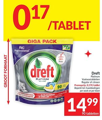 Promoties Dreft platinum vaatwastabletten regular of citroen - Dreft - Geldig van 04/05/2021 tot 09/05/2021 bij Intermarche