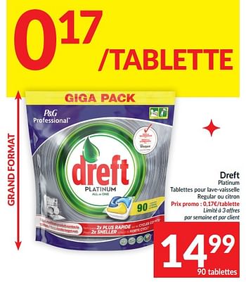 Promotions Dreft platinum tablettes pour lave-vaisselle regular ou citron - Dreft - Valide de 04/05/2021 à 09/05/2021 chez Intermarche