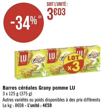Promotions Barres céréales grany pomme lu - Lu - Valide de 03/05/2021 à 16/05/2021 chez Géant Casino
