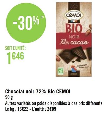Promotions Chocolat noir 72% bio cemoi - Cémoi - Valide de 03/05/2021 à 16/05/2021 chez Géant Casino