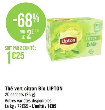 Promotions Thé vert citron bio lipton - Lipton - Valide de 03/05/2021 à 16/05/2021 chez Géant Casino