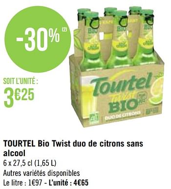 Promoties Tourtel bio twist duo de citrons sans alcool - Tourtel - Geldig van 03/05/2021 tot 16/05/2021 bij Géant Casino