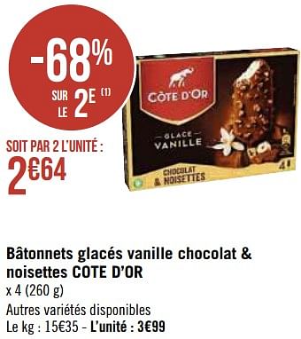 Promotions Bâtonnets glacés vanille chocolat + noisettes cote d`or - Cote D'Or - Valide de 03/05/2021 à 16/05/2021 chez Super Casino