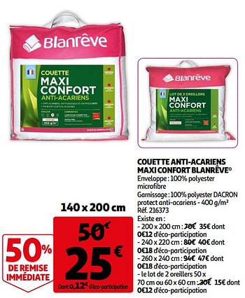 Promotions Couette anti-acariens maxi confort blanrêve - blanreve - Valide de 05/05/2021 à 11/05/2021 chez Auchan Ronq