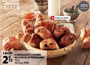 Promotions 5 croissants + 5 pains au chocolat pur beur - Produit Maison - Auchan Ronq - Valide de 05/05/2021 à 11/05/2021 chez Auchan Ronq