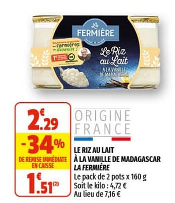 Promotions Le riz au lait à la vanille de madagascar la fermière - La fermière - Valide de 28/04/2021 à 09/05/2021 chez Coccinelle