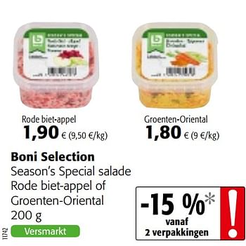 Promoties Boni selection season`s special salade rode biet-appel of groenten-oriental - Boni - Geldig van 05/05/2021 tot 18/05/2021 bij Colruyt