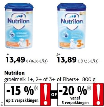 Promotions Nutrilon groeimelk 1+, 2+ of 3+ of fibers+ - Nutrilon - Valide de 05/05/2021 à 18/05/2021 chez Colruyt
