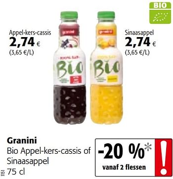 Promoties Granini bio appel-kers-cassis of sinaasappel - Granini - Geldig van 05/05/2021 tot 18/05/2021 bij Colruyt
