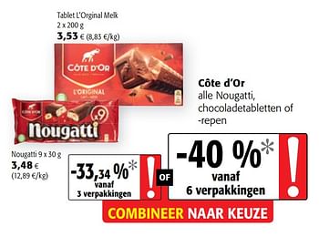 Promoties Côte d`or alle nougatti, chocoladetabletten of -repen - Cote D'Or - Geldig van 05/05/2021 tot 18/05/2021 bij Colruyt