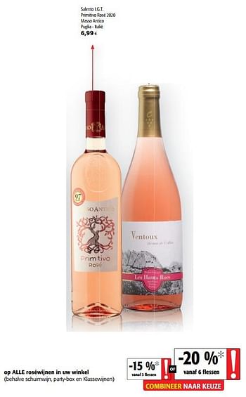 Promotions Salento i.g.t. primitivo rosé 2020 masso antico puglia - italië - Vins rosé - Valide de 05/05/2021 à 18/05/2021 chez Colruyt