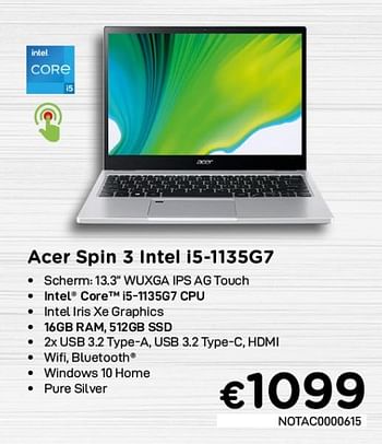 Promoties Acer spin 3 intel i5-1135g7 notac0000615 - Acer - Geldig van 04/05/2021 tot 31/05/2021 bij Compudeals
