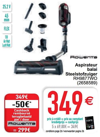 Promoties Rowenta aspirateur balai steelstofzuiger rh9877wo - Rowenta - Geldig van 11/05/2021 tot 22/05/2021 bij Cora