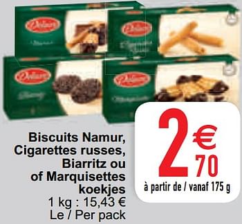 Promotions Biscuits namur cigarettes russes biarritz ou of marquisettes koekjes - Delacre - Valide de 11/05/2021 à 17/05/2021 chez Cora