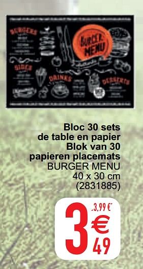 Promotions Bloc 30 sets de table en papier blok van 30 papieren placemats burger menu - Produit maison - Cora - Valide de 11/05/2021 à 22/05/2021 chez Cora