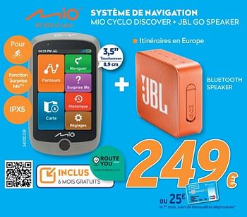 Promotions Système de navigation mio cyclo discover + jbl go speaker - JBL - Valide de 10/05/2021 à 06/06/2021 chez Krefel