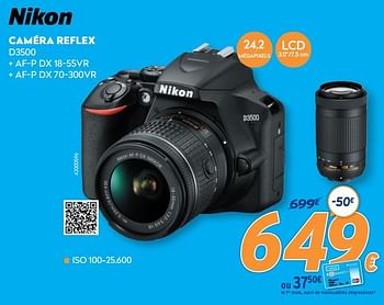 Promotions Nikon caméra reflex d3500 + af-p dx 18-55vr + af-p dx 70-300vr - Nikon - Valide de 10/05/2021 à 06/06/2021 chez Krefel