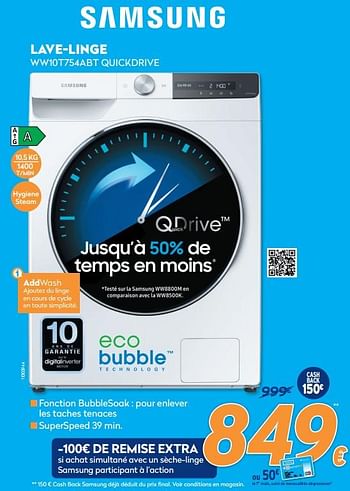 Promotions Samsung lave-linge ww10t754abt quickdrive - Samsung - Valide de 10/05/2021 à 06/06/2021 chez Krefel