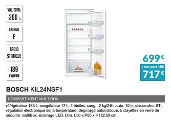 Promotions Rèfrigèrateur bosch kil24nsf1 - Bosch - Valide de 30/04/2021 à 30/09/2021 chez Copra