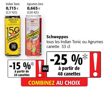 Promotions Schweppes tous les indian tonic ou agrumes canette - Schweppes - Valide de 05/05/2021 à 18/05/2021 chez Colruyt