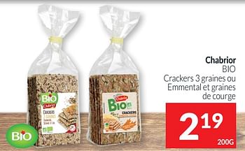 Promotions Chabrior bio crackers 3 graines ou emmental et graines de courge - Chabrior - Valide de 01/05/2021 à 31/05/2021 chez Intermarche