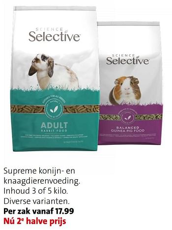 Promotions Supreme konijn- en knaagdierenvoeding - Science selective - Valide de 10/05/2021 à 16/05/2021 chez Intratuin