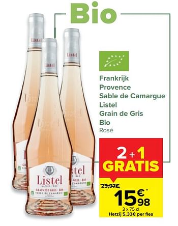 Promoties Frankrijk provence sable de camargue listel grain de gris bio rosé - Rosé wijnen - Geldig van 12/05/2021 tot 24/05/2021 bij Carrefour