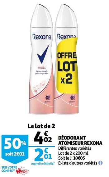 Promotions Déodorant atomiseur rexona - Rexona - Valide de 12/05/2021 à 23/05/2021 chez Auchan Ronq