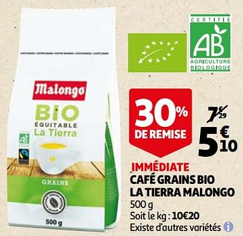 Promotions Café grains bio la tierra malongo - Malongo - Valide de 12/05/2021 à 23/05/2021 chez Auchan Ronq