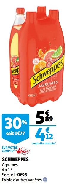 Promotions Schweppes agrumes - Schweppes - Valide de 12/05/2021 à 23/05/2021 chez Auchan Ronq