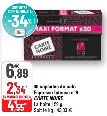 Promotions 30 capsules de café espresso intense n°9 carte noire - CarteNoire - Valide de 12/05/2021 à 23/05/2021 chez G20