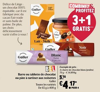 Promotions Barre de chocolat blanc-praliné, - Galler - Valide de 12/05/2021 à 19/05/2021 chez Delhaize