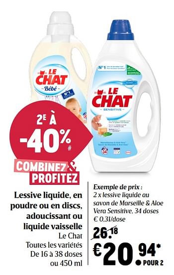 Le Chat Le Chat Lessive Liquide Au Savon De Marseille Aloe Vera Sensitive En Promotion Chez Delhaize