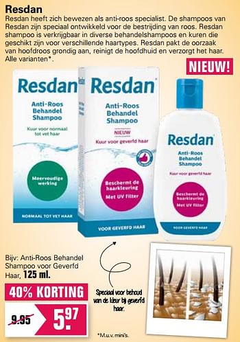Promoties Resdan anti-roos behandel shampoo voor geverfd haar - Resdan - Geldig van 15/05/2021 tot 29/05/2021 bij De Online Drogist