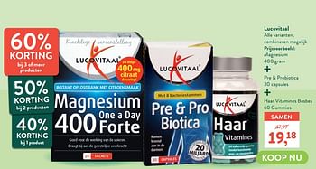 Promotions Magnesium + pre + probiotica + haar vitamines bosbes - Lucovitaal - Valide de 17/05/2021 à 18/06/2021 chez Holland & Barret