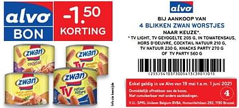 Promoties -1.50 korting bij aankoop van 4 blikken zwan worstjes - Zwan - Geldig van 19/05/2021 tot 01/06/2021 bij Alvo