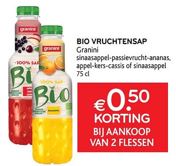 Promoties Bio vruchtensap granini €0. 50 korting bij aankoop van 2 flessen - Granini - Geldig van 19/05/2021 tot 01/06/2021 bij Alvo