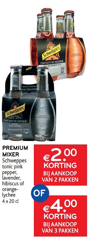 Promoties Premium mixer schweppes €2. 00 korting bij aankoop van 2 pakken - Schweppes - Geldig van 19/05/2021 tot 01/06/2021 bij Alvo