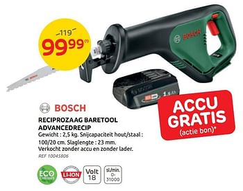 Promotions Bosch reciprozaag baretool advancedrecip - Bosch - Valide de 26/05/2021 à 14/06/2021 chez Brico