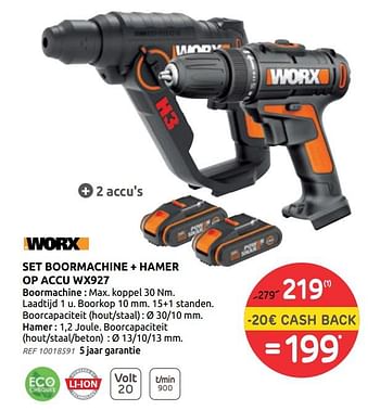 Promotions Worx set boormachine + hamer op accu wx927 - Worx - Valide de 26/05/2021 à 14/06/2021 chez Brico