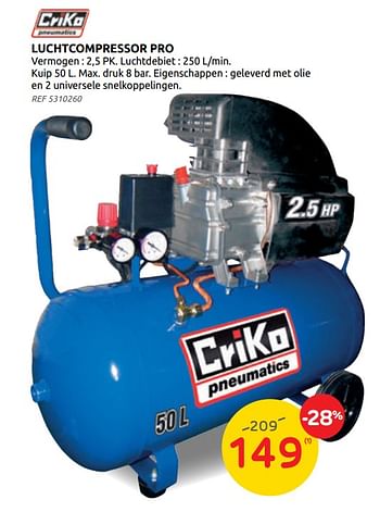 Promotions Criko luchtcompressor pro - Criko - Valide de 26/05/2021 à 14/06/2021 chez Brico