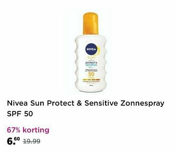 Promoties Nivea sun protect + sensitive zonnespray spf 50 - Nivea - Geldig van 16/05/2021 tot 24/05/2021 bij Plein